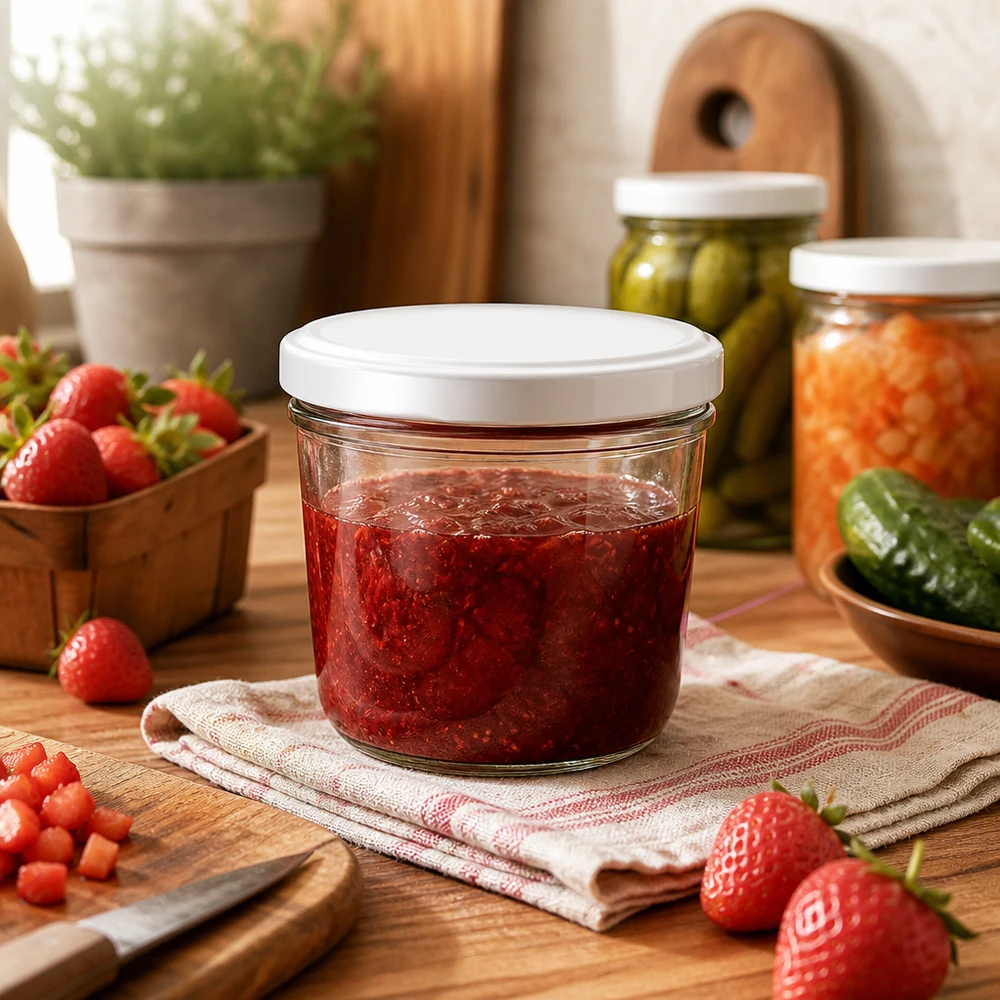 230 ml mason jar met aardbeienjam in een gezellige keuken - ideale inmaakpot voor zelfgemaakte jam