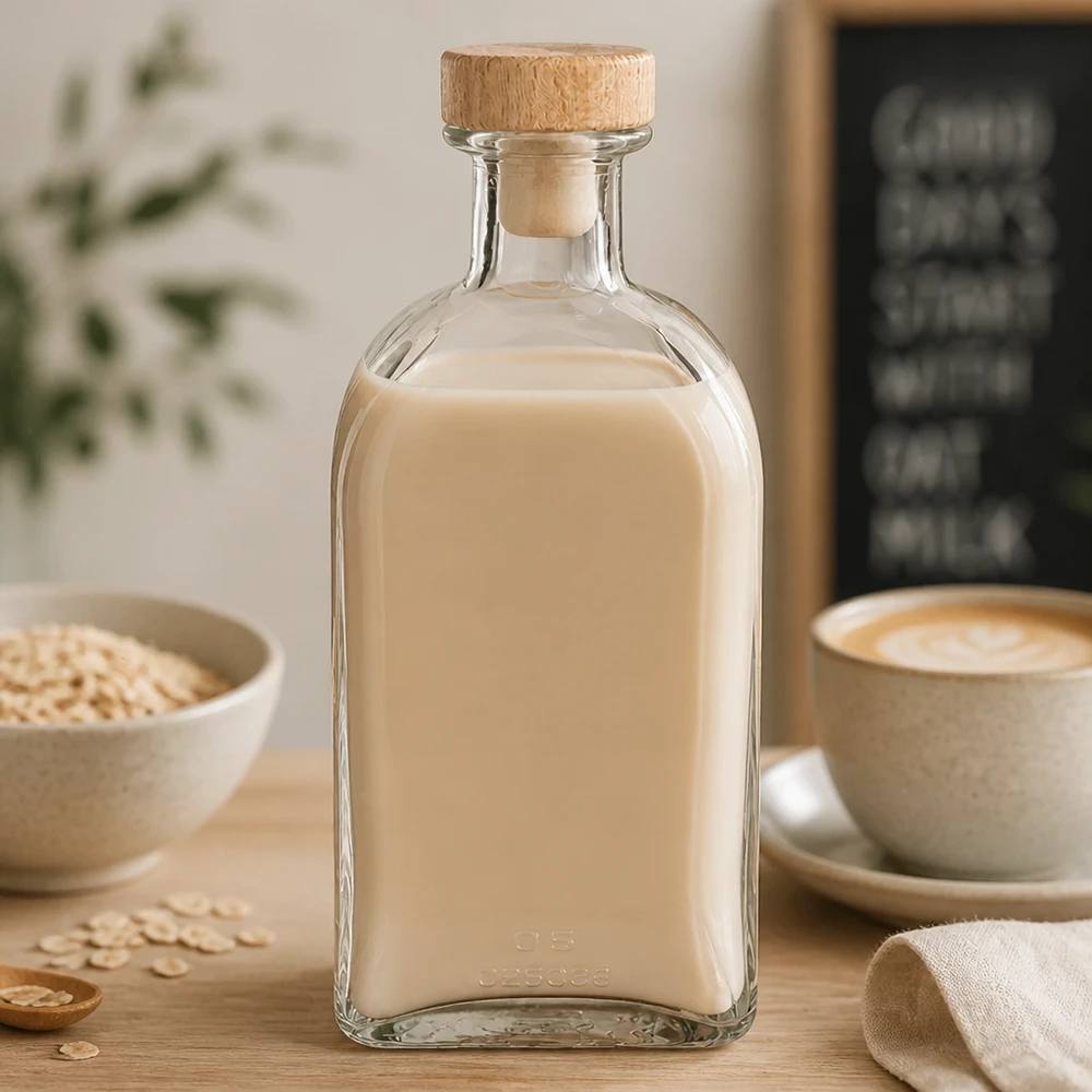 500ml Julia glazen fles met houten kurk gevuld met havermelk in keuken naast koffiekopje en havervlokken