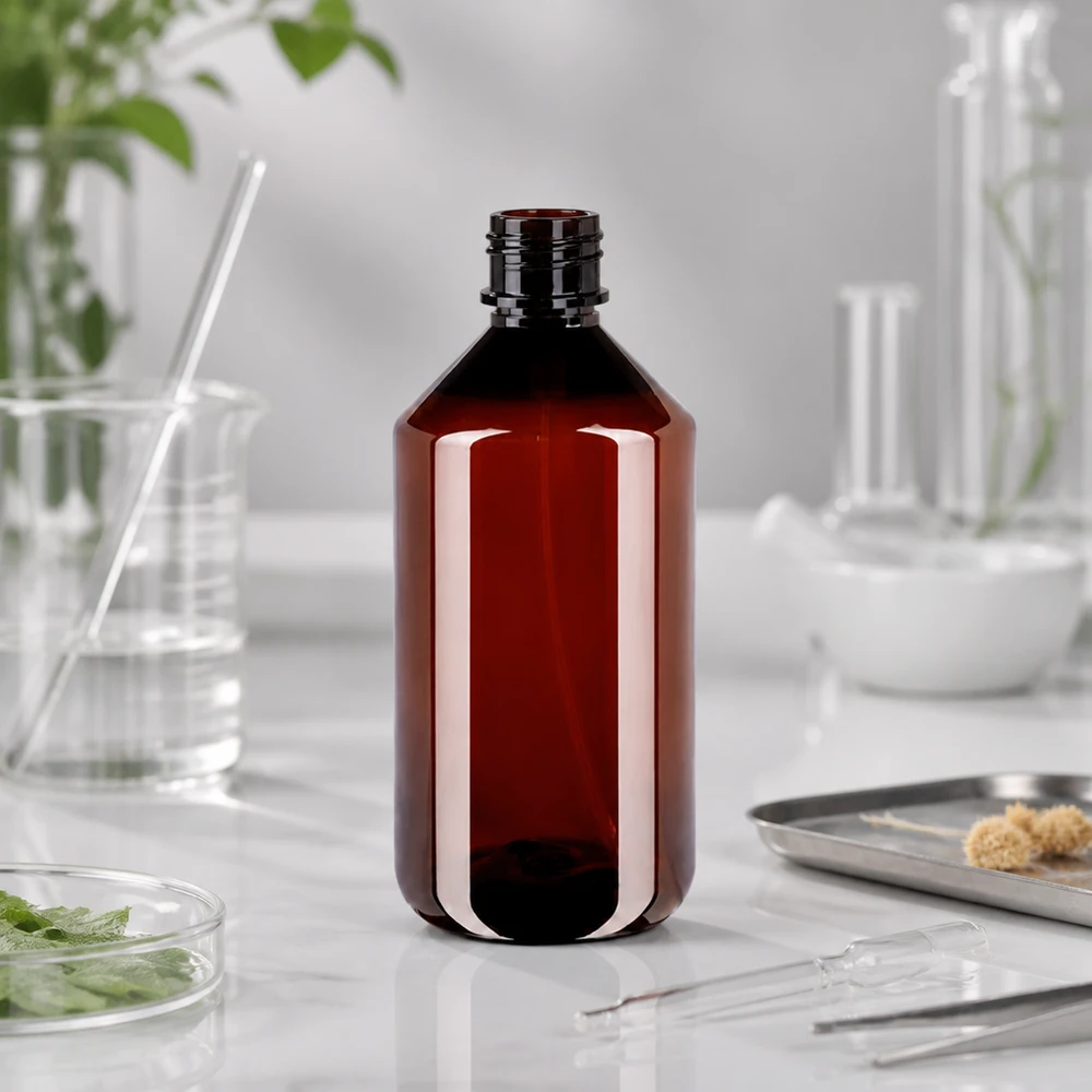 Lichtondoorlatende PET-fles van 750 ml, bruin, met UV-bescherming voor gevoelige vloeistoffen
