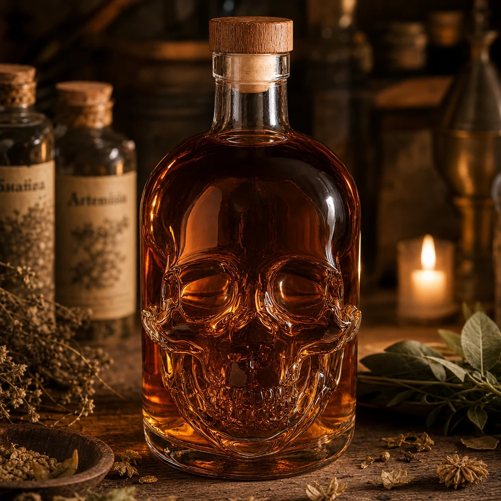 Schedel glazen fles Jack 500ml met amberkleurige vloeistof in een rustieke apothekerssfeer met kaars en kruiden.