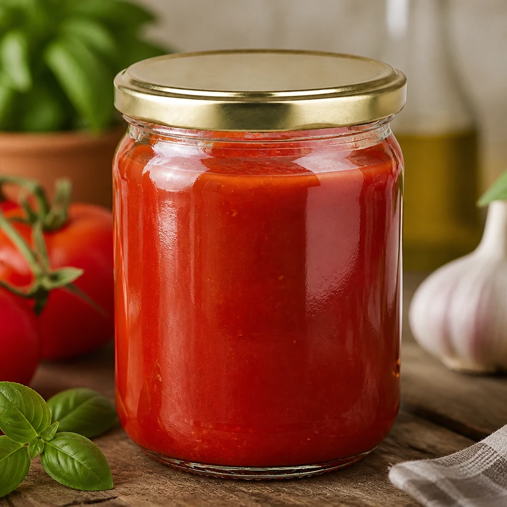 555 ml rond glas + BasicSeal-deksel goud UNiTWIST 555 ml UNiTWIST-bewaarpot met vergulde BasicSeal-deksel, ideaal voor het inmaken van tomatensaus