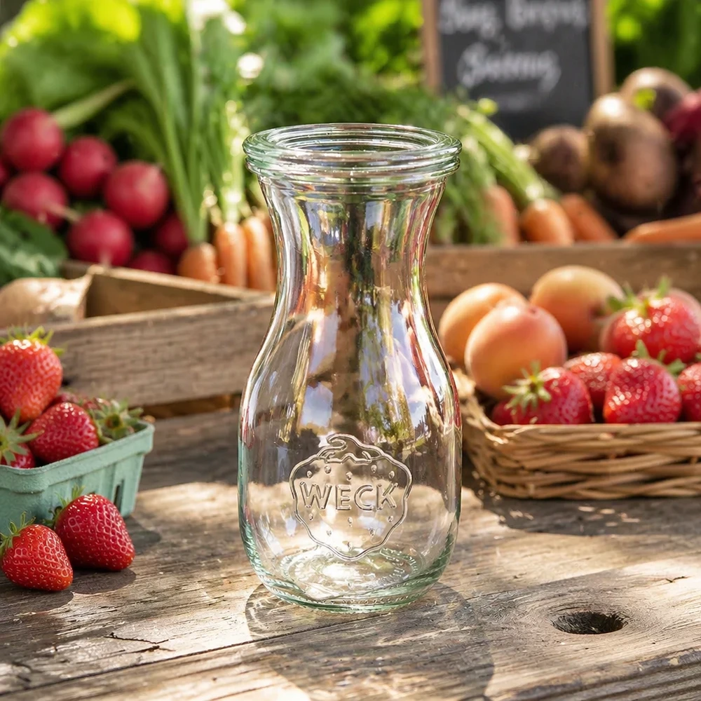 WECK sapfles 290ml RR60 transparant op een rustieke houten tafel tussen verse aardbeien, radijsjes en groenten