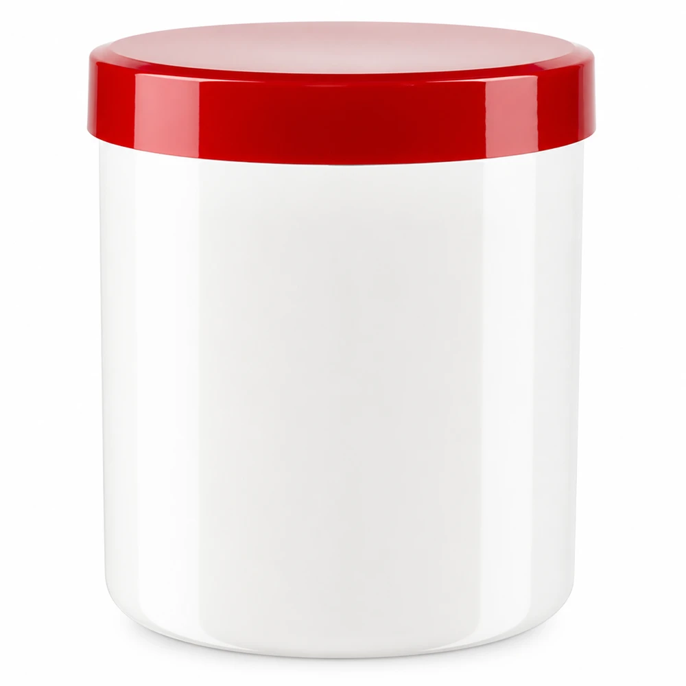Zalfpot 50 g wit met rood schroefdeksel (PP) Apotheekpotje 50 g, wit met rode deksel, PP, voedselveilige kunststof