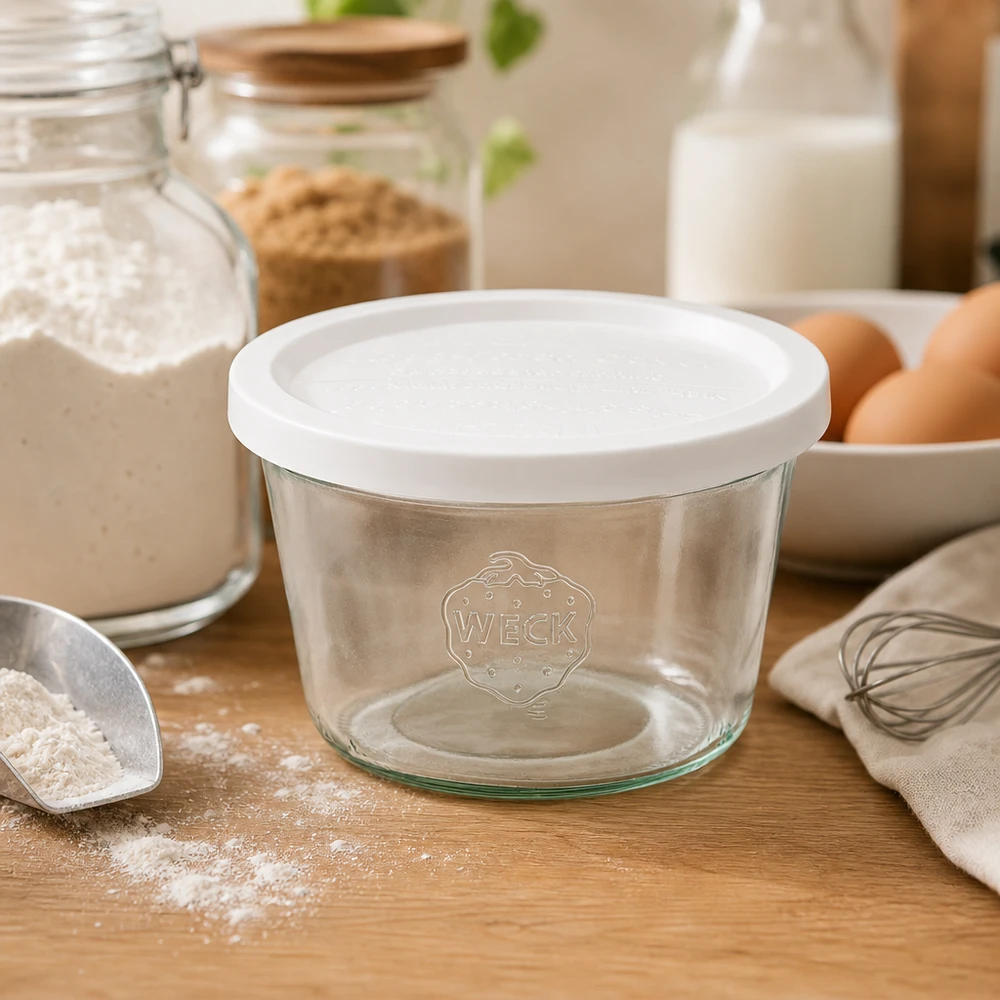 WECK RR100-pot van 370 ml met vershouddeksel WECK 370ml RR100 mason jar met vershouddeksel in bakkeuken tussen bloem, eieren, melk en keukengerei