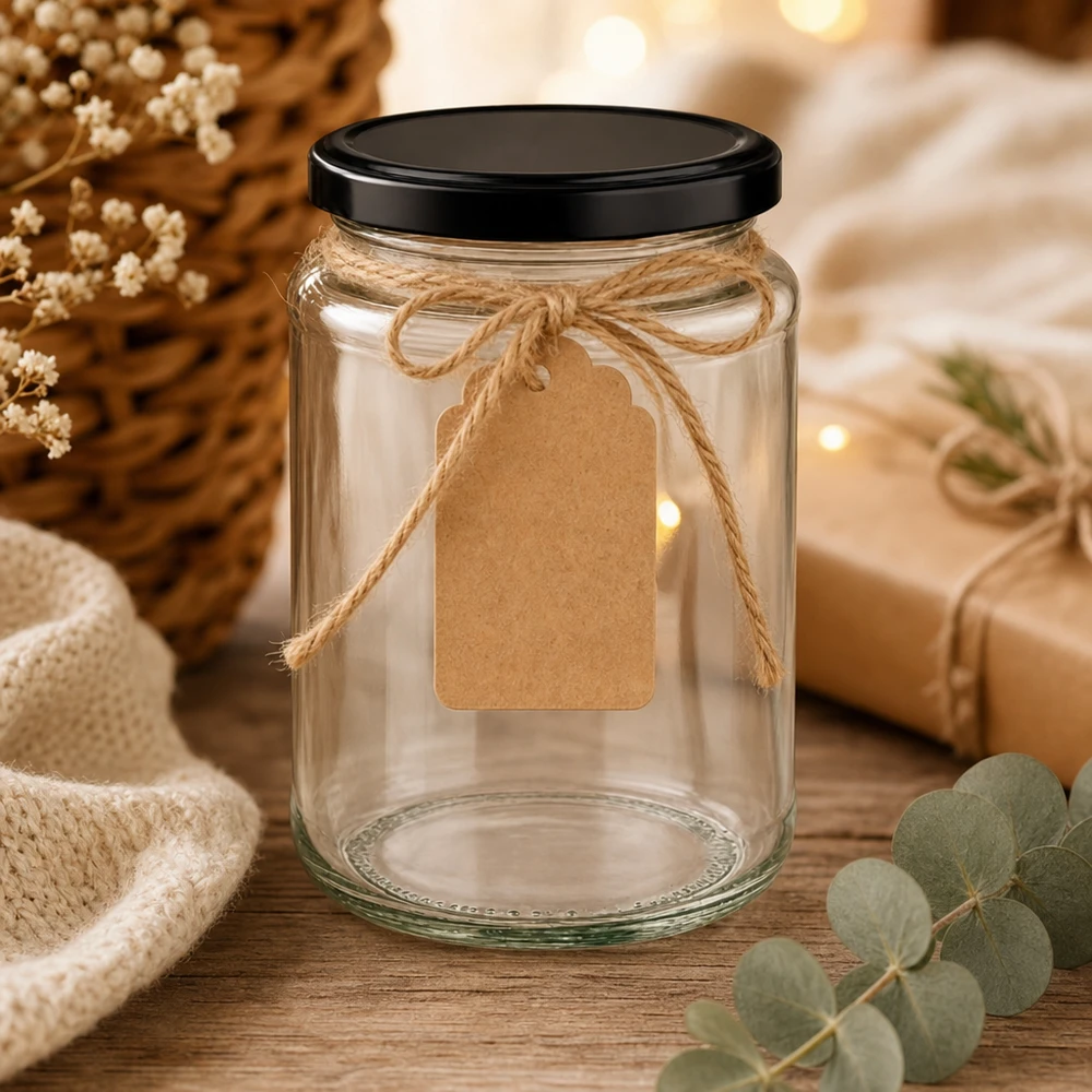 382ml rond glas met BasicSeal deksel zwart UNiTWIST 382ml Rundglas BasicSeal schwarz dekorativ inszeniert mit Kraftpapier-Anhänger rustikale Deko Geschenkverpackung