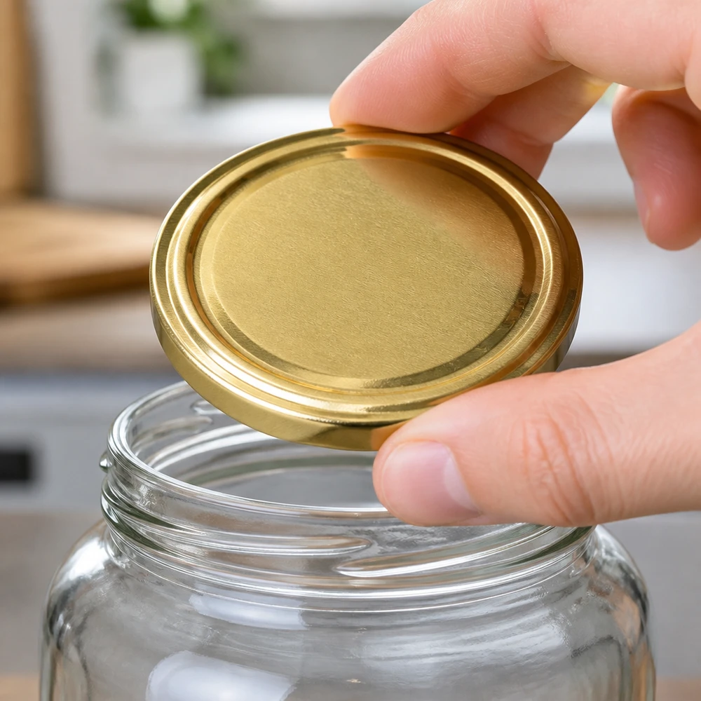 70mm BioSeal deksel goud (TO70) UNiTWIST UNiTWIST TO70 goud, onderkant deksel met afdichtrand BioSeal unitemp, vacuümdicht