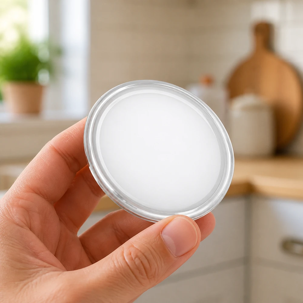 63 mm BasicSeal-deksel, wit (TO63) UNiTWIST Hand houdt een wit 63 mm BasicSeal TO63 UNiTWIST-deksel van Einweck vast in een moderne keuken