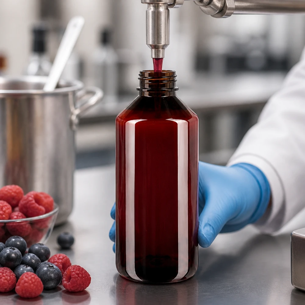 PET Flasche 1000ml mit weissem Standard OV Een met een handschoen beklede hand houdt een bruine plastic fles van 1000 ml vast onder een industriële afvulmachine