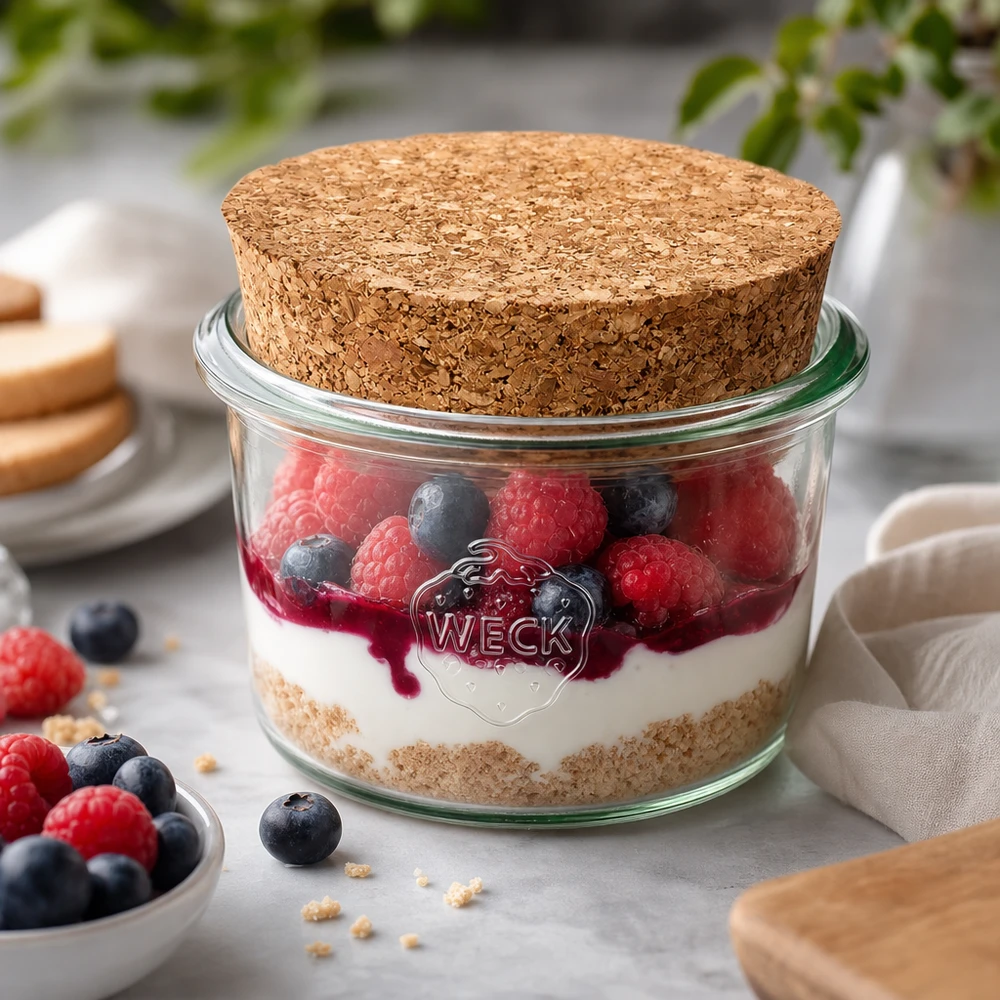 WECK bekers 80ml RR60 met kurk als dessertpotje voor bessentiramisu gelaagd dessert perfect geportioneerd