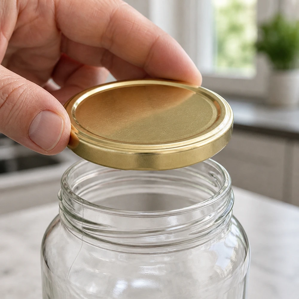 82 mm BasicSeal-deksel goud (TO82) UNiTWIST Hand plaatst een gouden TO82-deksel (82 mm) op een transparante UniTwist-voorraadpot