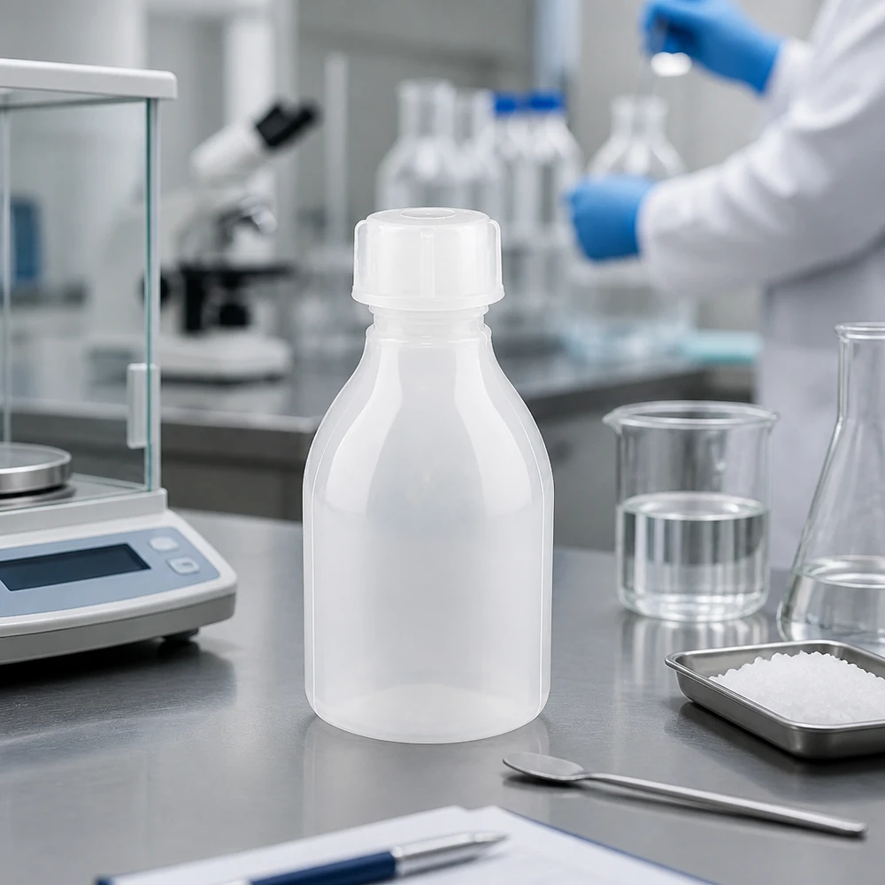 Nauwe hals laboratoriumfles 30ml met schroefsluiting Laboratoriumflesje van 30 ml met smalle hals en witte dop, omringd door laboratoriumapparatuur