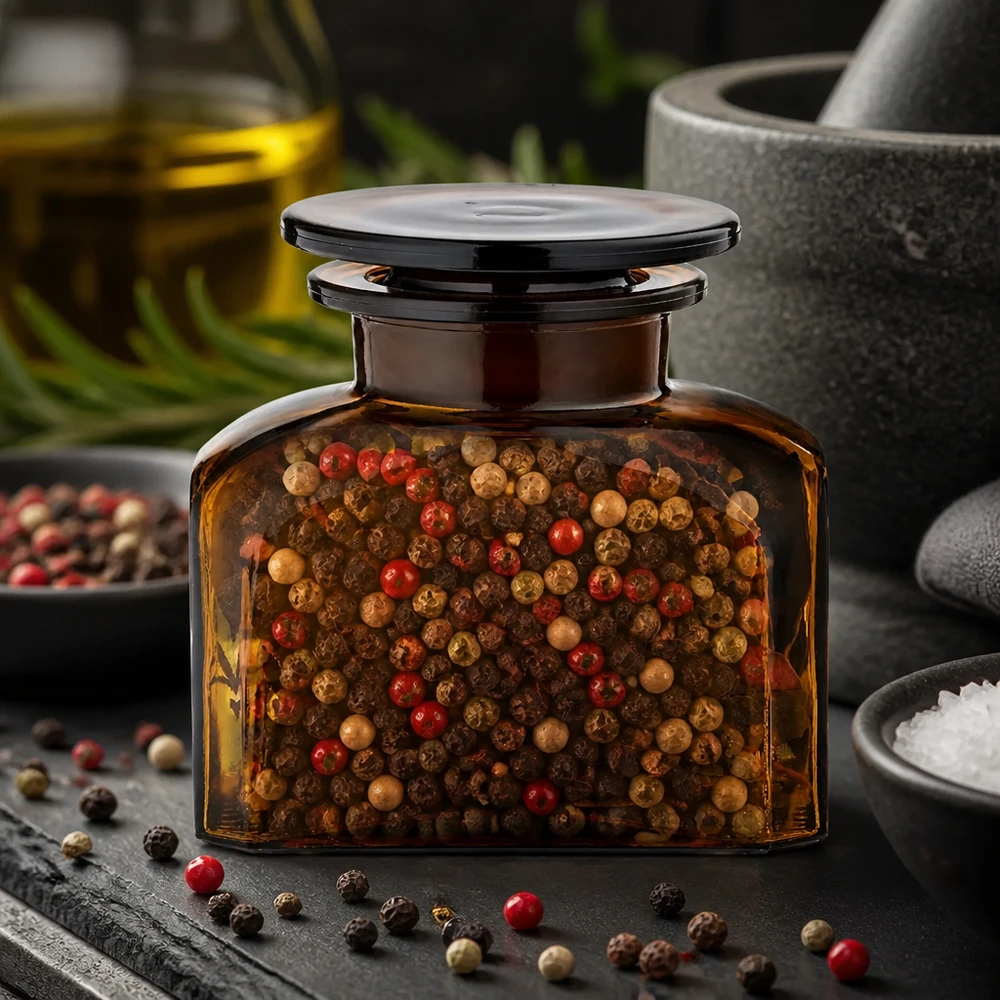 Idee voor een glazen kruidenpotje: Vierkante apothekersfles 150 ml met wijde hals bruin glas incl. glazen stop Compact kruidenpotje van bruin glas, 150 ml, met wijde hals, ideaal voor pepermengsels en kruiden