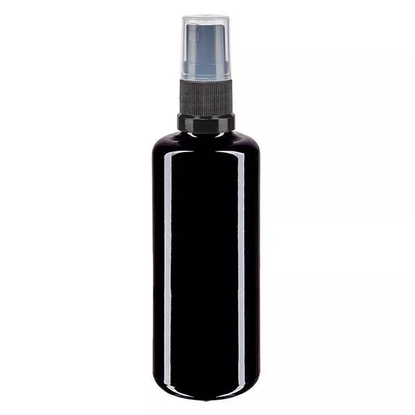 Fles van violet glas 100 ml met pompverstuiver zwart Fles van violet glas 100 ml met pompverstuiver zwart