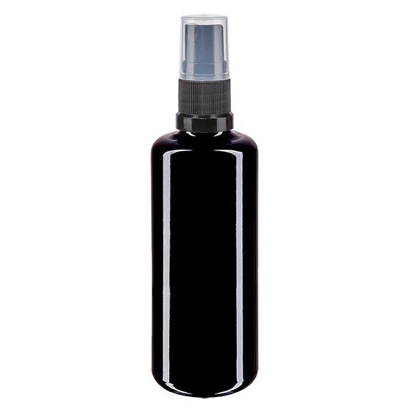 Fles van violet glas 100 ml met pompverstuiver zwart Fles van violet glas 100 ml met pompverstuiver zwart