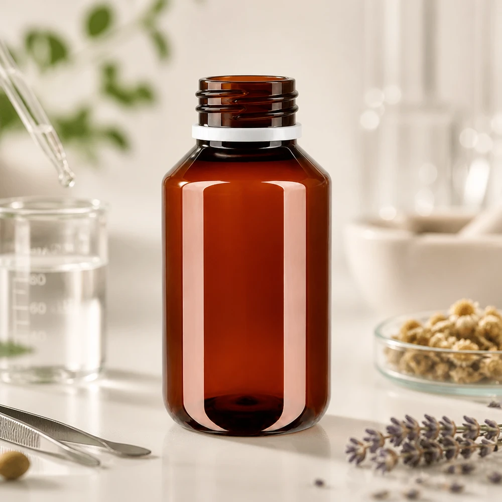 PET fles 50ml met witte verzegelstop, geribbeld Lichtbestendige PET-fles van 50 ml met een witte, geribbelde dop voor gevoelige vloeistoffen
