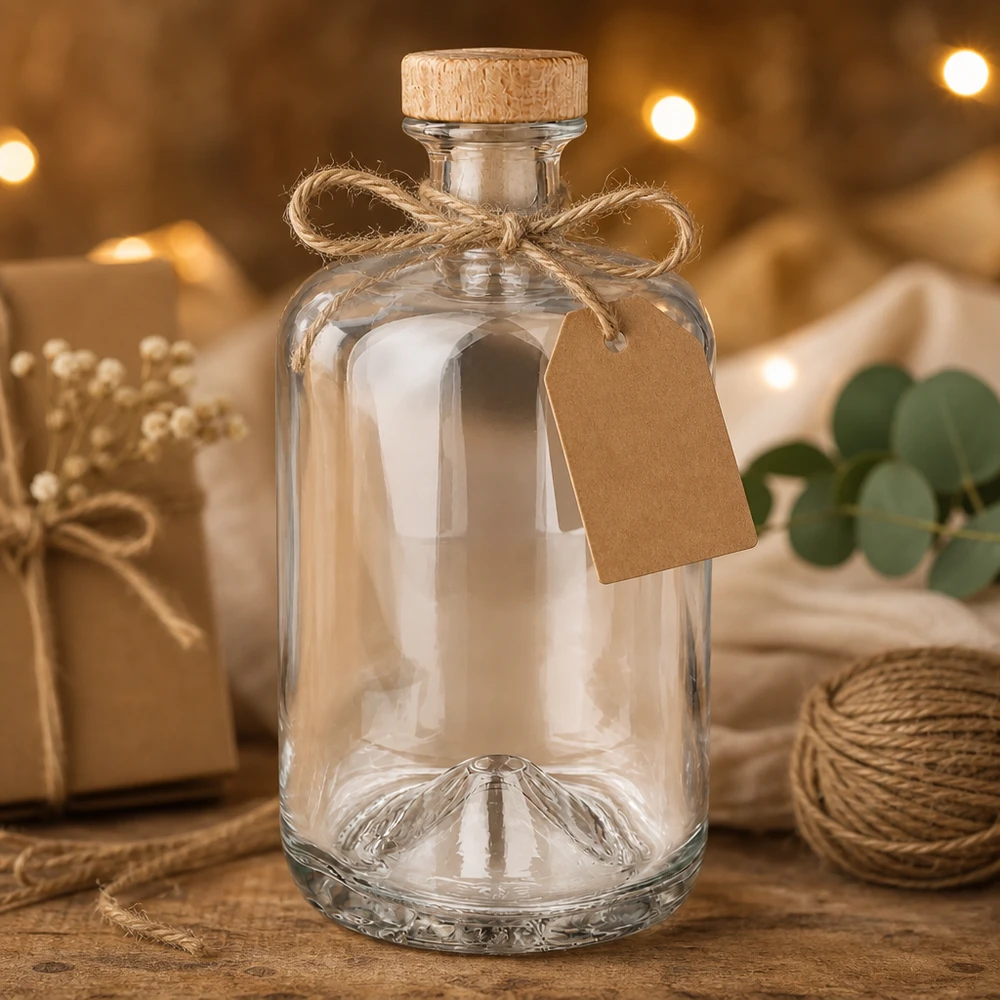 700 ml apothekersfles Sofia met houten handgreep en kurk UNiTWIST® 700 ml Sofia-glasfles met kurk en kadolabel in rustieke decoratie met jute en sprookjesverlichting