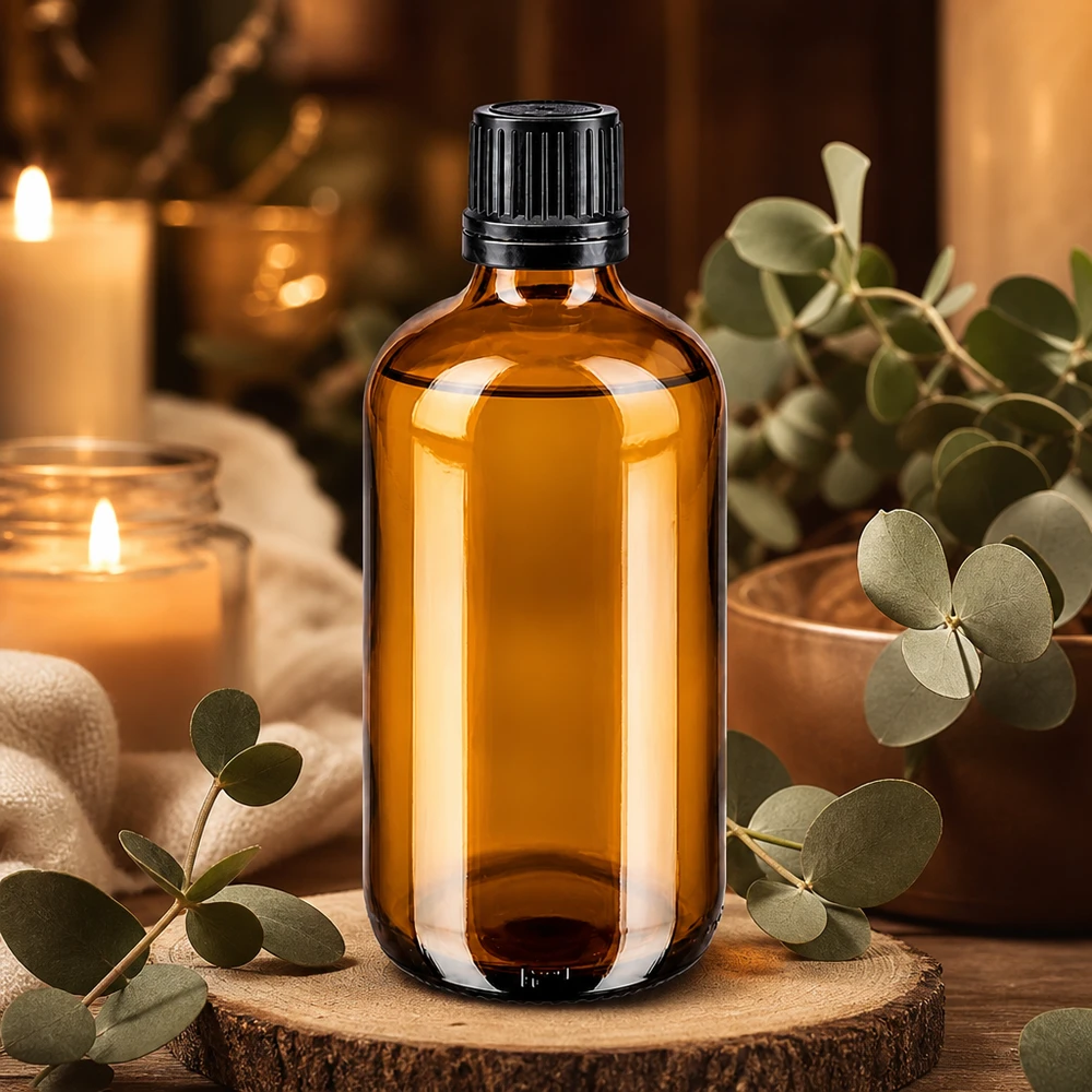 Bruine glazen fles 100ml met zwart schroefsluiting uitgietring VR Farmaceutisch flesje van 100 ml van UV-werend bruin glas met een zwarte veiligheidsdop