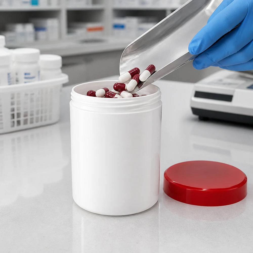 Opslagpot voor zalven, 100 g, PP, wit met rode deksel, voor apotheken en laboratoria