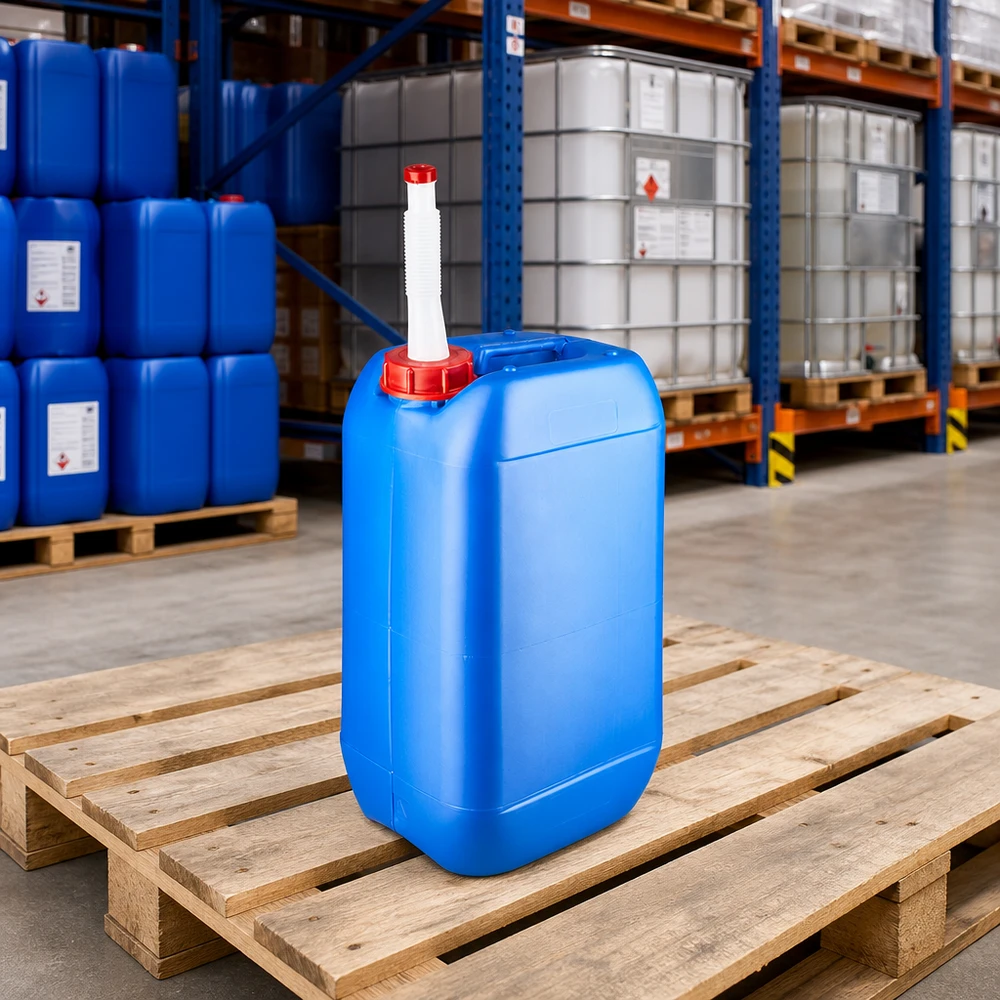 Chemicaliënjerrycan van 15 liter, blauw, met gegolfde uitloopbuis, tussen IBC-containers in het industriële magazijn