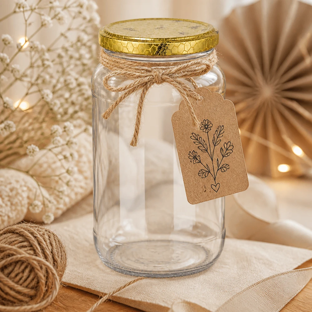 1062ml ronde pot leeg met gouden honingraat deksel en kadotag rustieke decoratie ambachtelijk garen