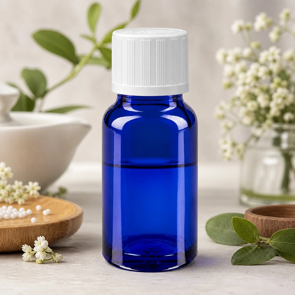 Blauwe glazen flessen 10ml met wit druppelstop KiSi St Lichtbeschermende fles van 10 ml van kobaltblauw glas met een witte druppeldop op een lichte achtergrond