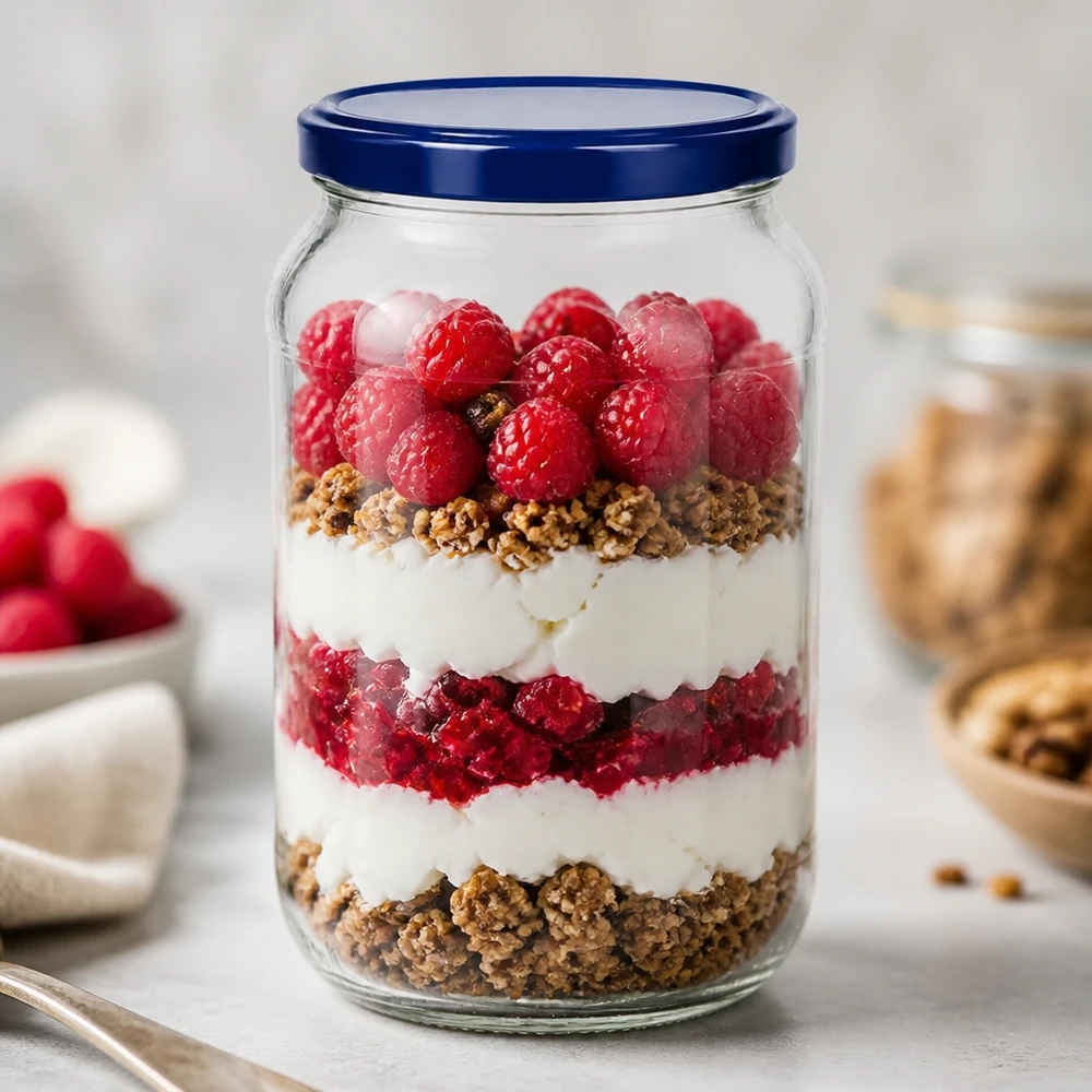 1062ml ronde pot BasicSeal deksel blauw UNiTWIST dessert parfait gelaagd dessert yoghurt bessen granola dessert