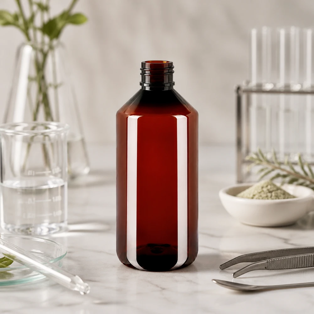 50 ml PET medicijnfles met verstuiver zwart GCMI 28/410 incl. dop transparant, standaard PET-fles van 1000 ml in bruin met verzegeling op marmer tussen laboratoriumbenodigdheden