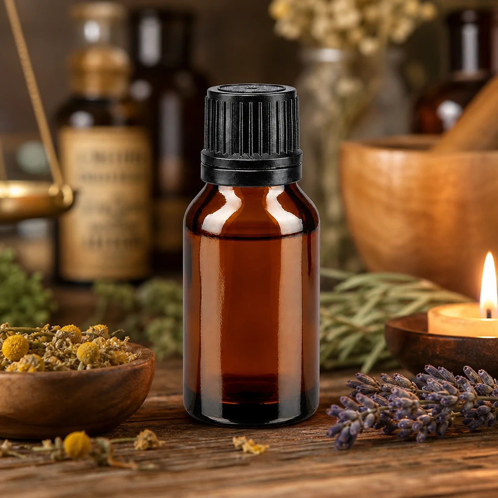Apothekersflesje van 15 ml, bruin met zwarte schroefdop en druppelaar, naast kruiden en een kaars