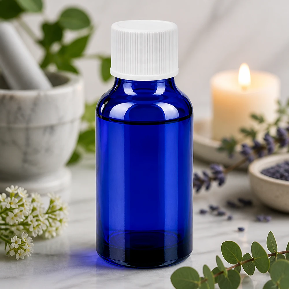 20ml fles 11mm SV wit STD BlueLine UT18/20 Elegant blauw 20ml flesje met witte dop en gladde afwerking voor hoogwaardige verzorgingsproducten