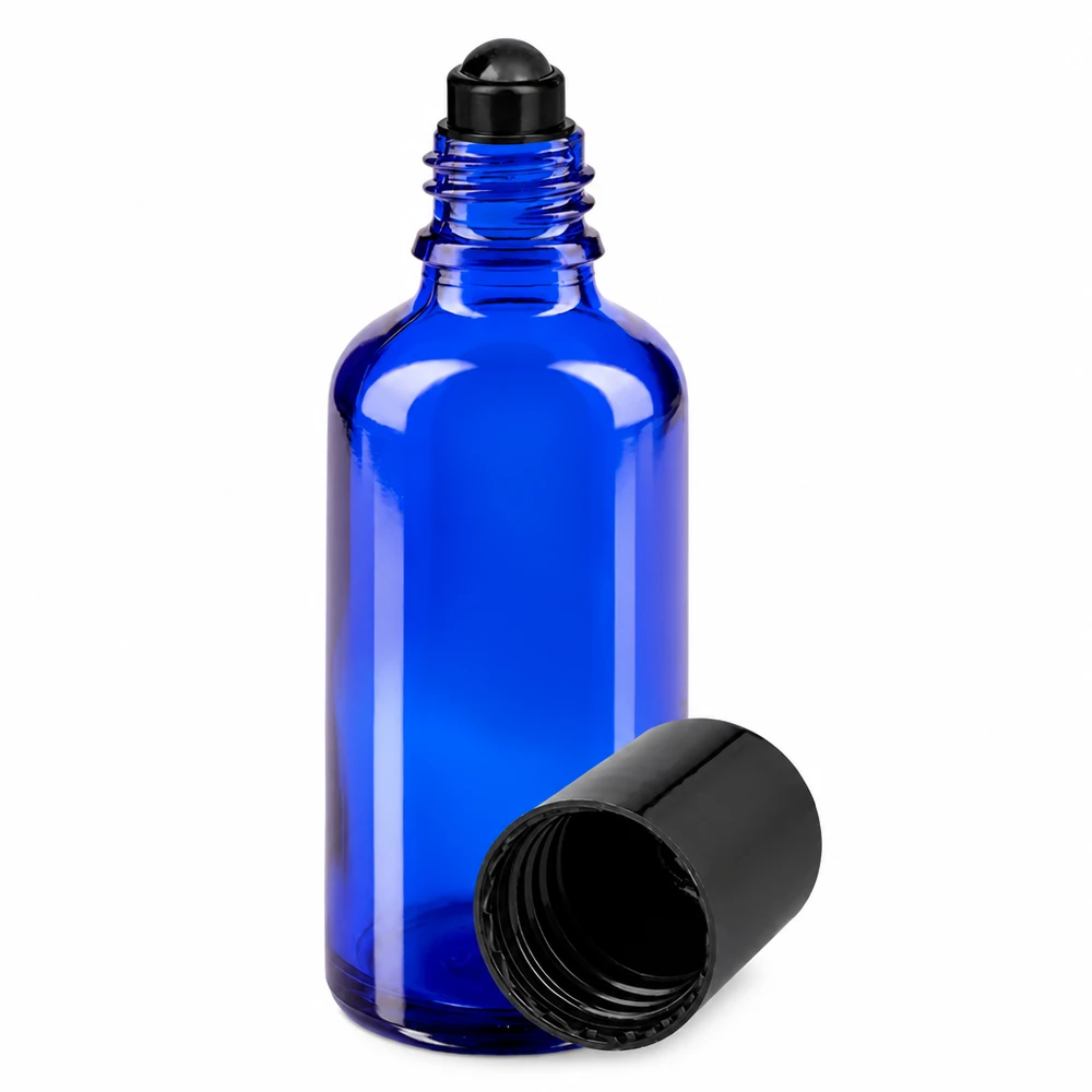 Kobaltblauw apothekersglasflesje van 50 ml met roll-on-dop en afneembare beschermdop