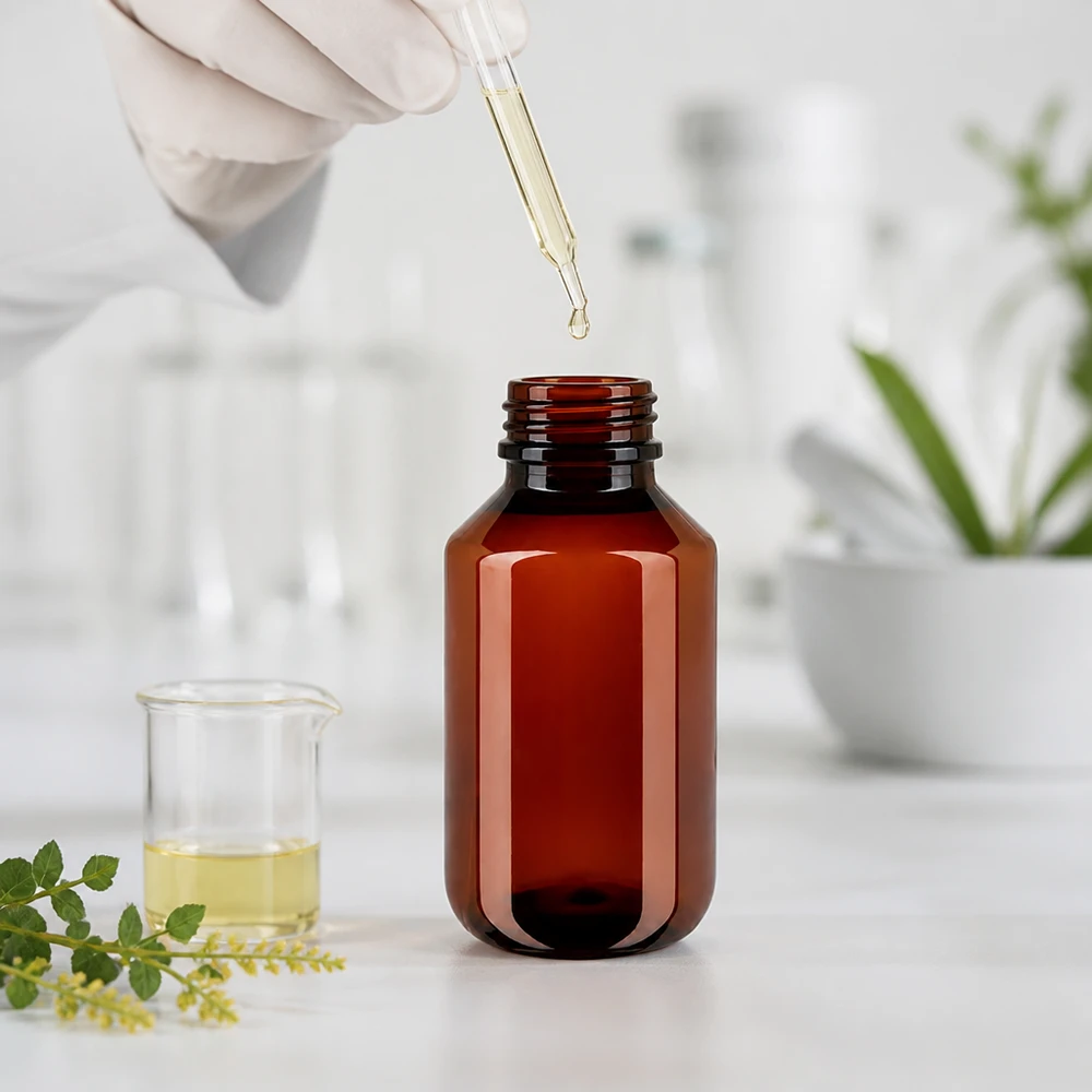 50 ml PET medicijnfles met verstuiver zwart GCMI 28/410 incl. dop transparant, standaard Compacte ronde fles van 100 ml in bruin voor medische en cosmetische producten