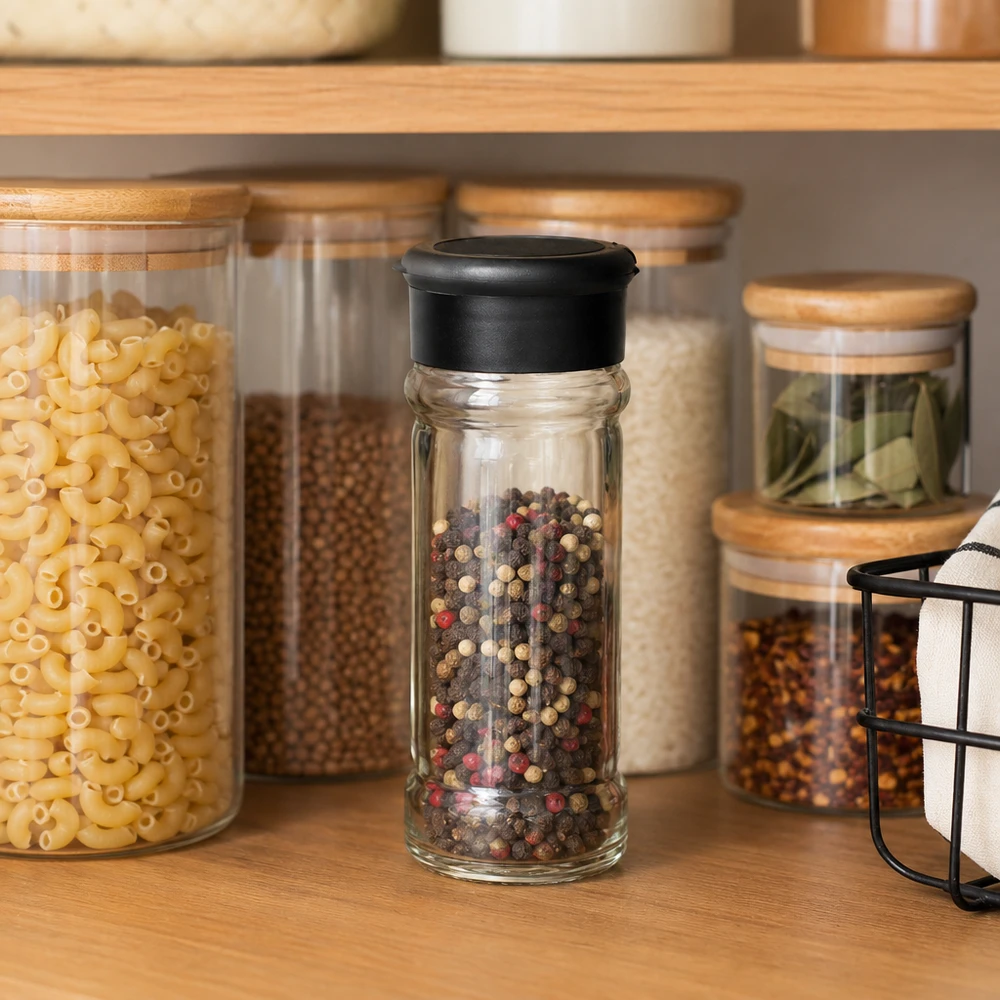 Compact glazen kruidenstrooiertje van 100 ml met zwarte deksel, naast pasta en kruiden