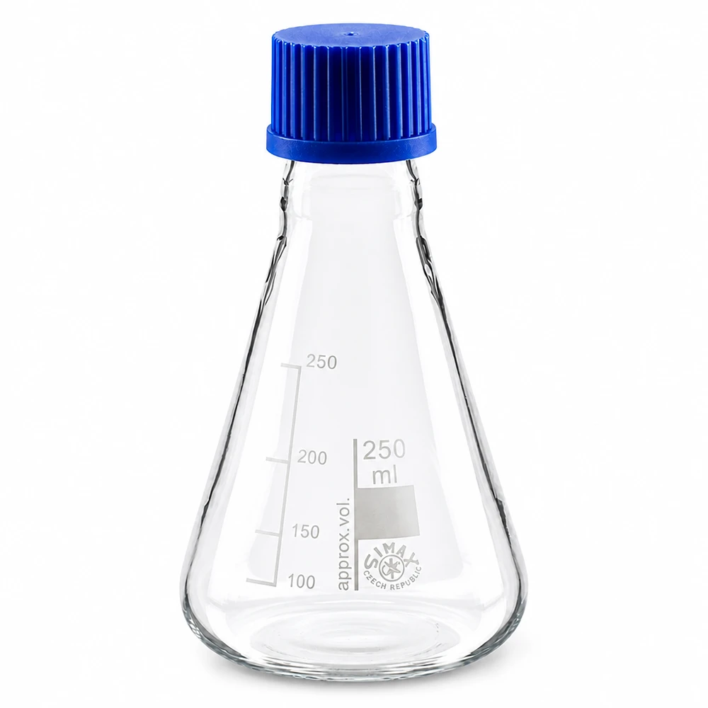 Laboratoriumkolf met een inhoud van 250 ml met volumeschaal en stevig blauw deksel