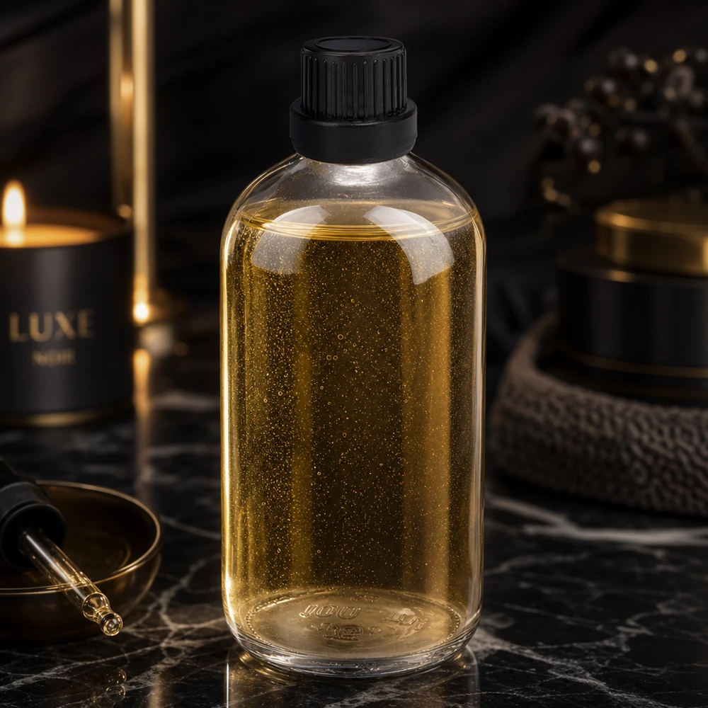 100ml druppelfles 2mm zwart OV ClearLine UT18/100 Goudkleurige olie in een doorzichtige glazen druppelfles van 100 ml met zwarte OV-dop ClearLine UT18