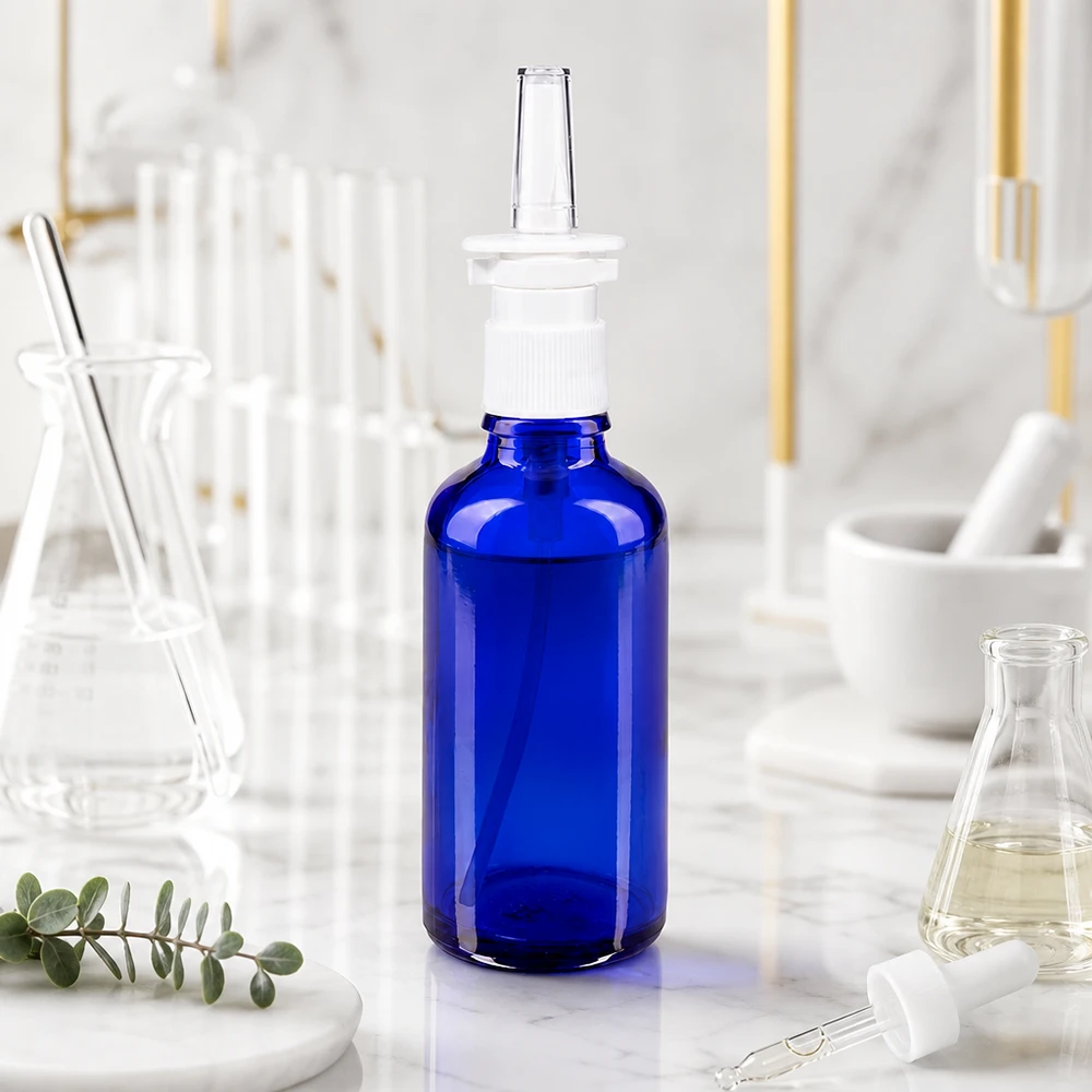 Blauwe glazen fles, geschikt voor apotheken, met neusspraymechanisme en doorzichtige kunststof spuitmond, 50 ml