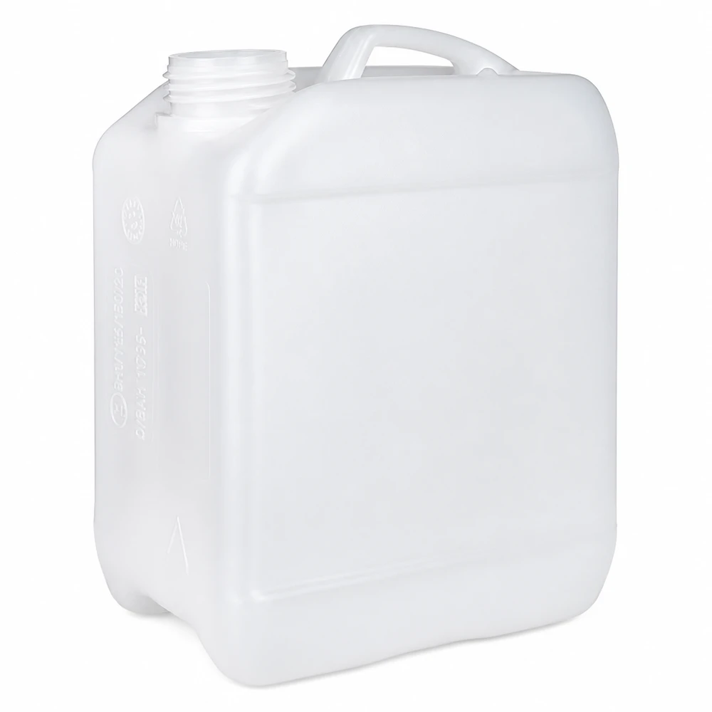 Compacte jerrycan van 2,5 liter, gemaakt van wit polyethyleen, met geïntegreerd handvat