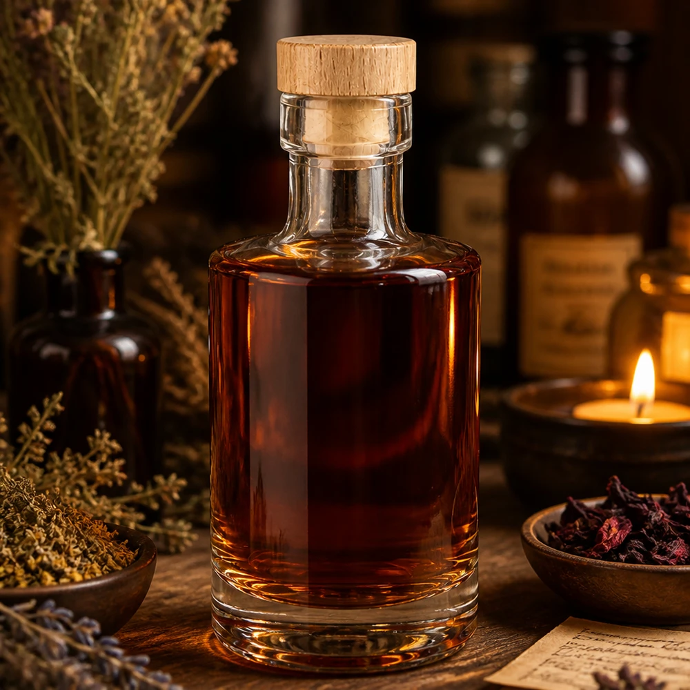 200 ml glazen fles Marie met houten kurk UNiTWIST® 200 ml Marie-glazen fles met amberkleurige vloeistof, houten kurk, rustieke decoratie met kaars en kruiden