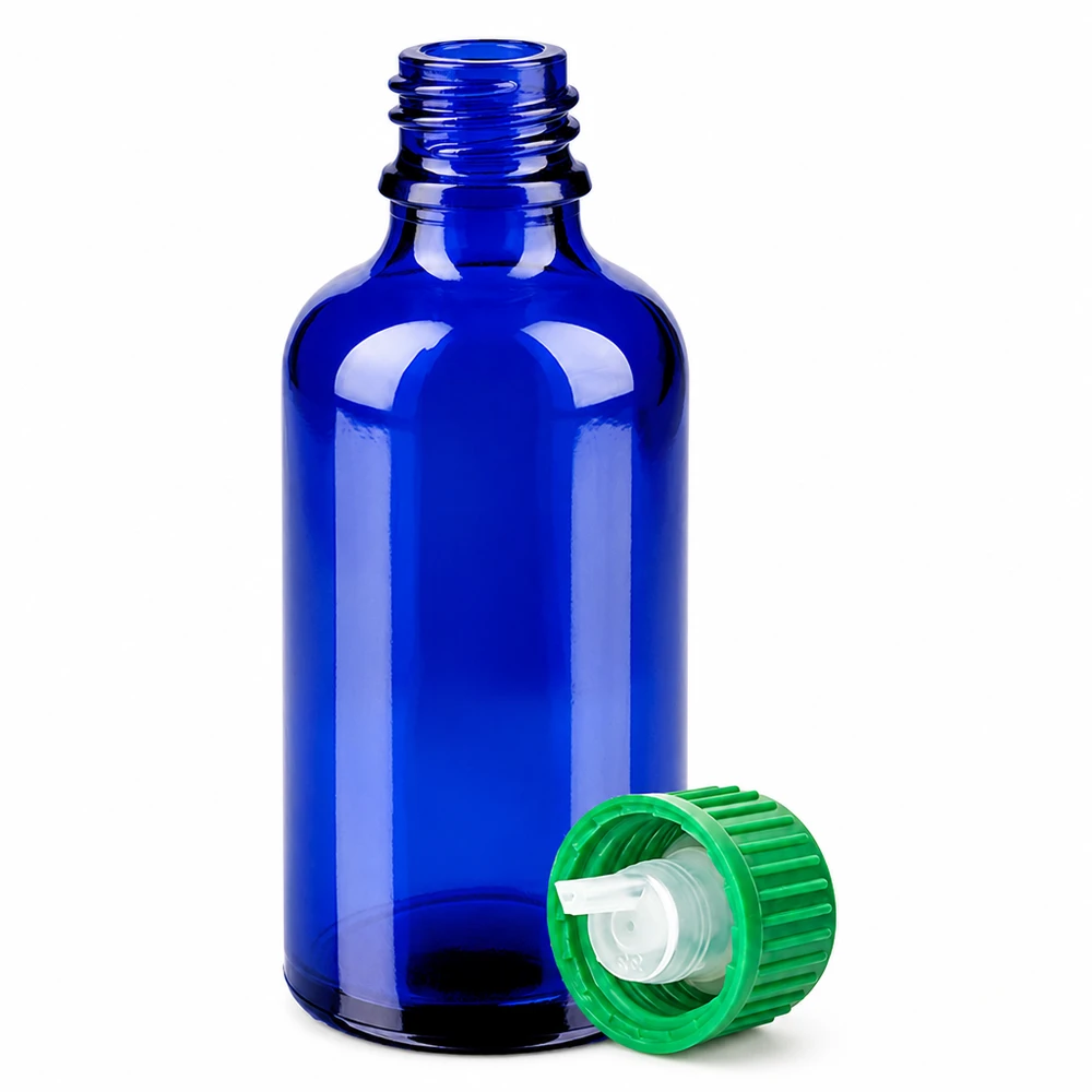 Compacte glazen fles van 50 ml in blauw met nauwkeurige druppeldop voor geportioneerde dosering