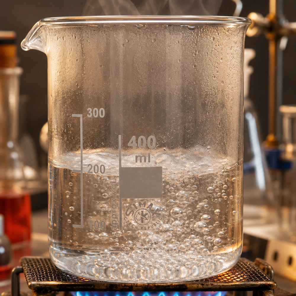 Hittebestendig bekerglas van 400 ml op bunsenbrander voor het verwarmen van vloeistoffen in het laboratorium