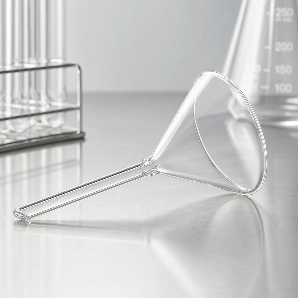 Glazen trechter met korte steel en een doorzichtige diameter van 70 mm, gemaakt van soda lime glas voor laboratoriumgebruik