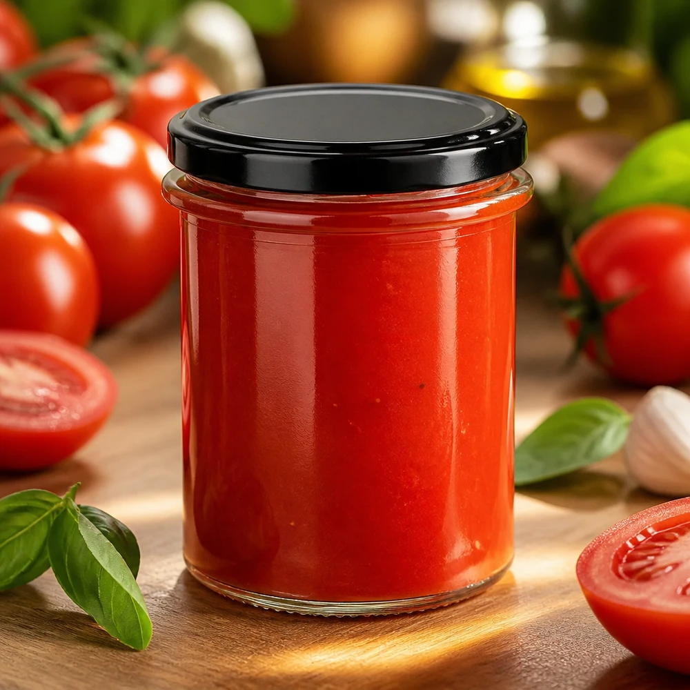 214 ml rond glas + BasicSeal-deksel, zwart, UNiTWIST Compact rond glazen potje van 214 ml met een zwarte BasicSeal-deksel en zelfgemaakte tomatensaus van verse ingrediënten