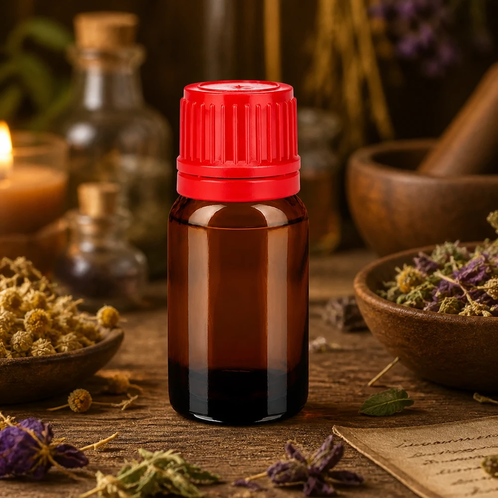 Hoogwaardig 10ml glazen flesje bruin met rode OV dop voor homeopathie en natuurgeneeskunde