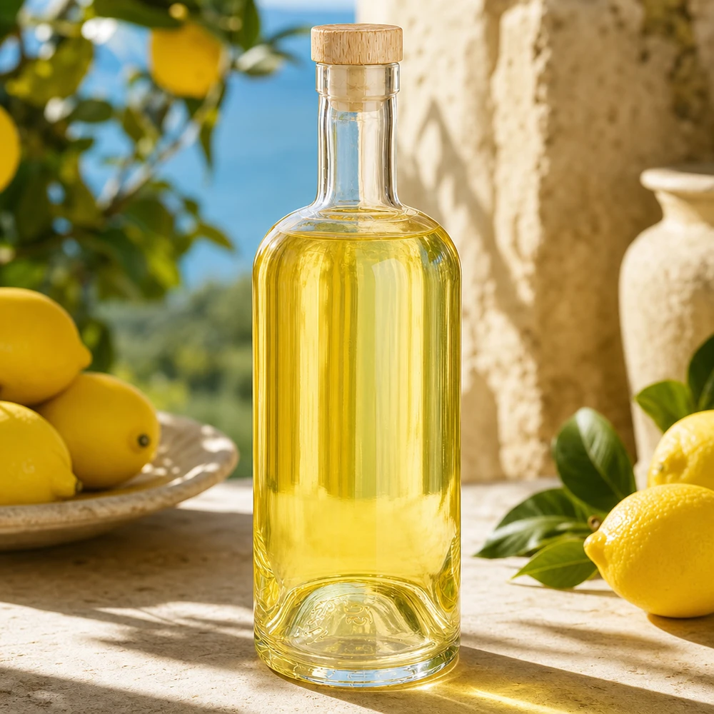 750 ml glazen Emma-fles met houten kurk, gevuld met gelige vloeistof in een mediterrane citroensfeer