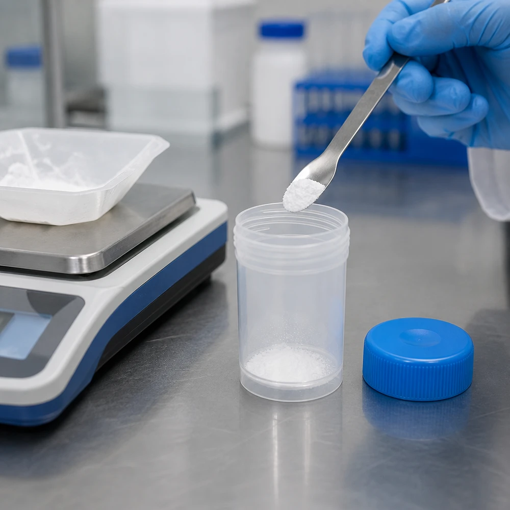 Universele kunststof pot (pathologie pot) 20ml Doorzichtig pathologiekannetje van 20 ml met wit poeder en metalen spatel in een farmaceutisch laboratorium