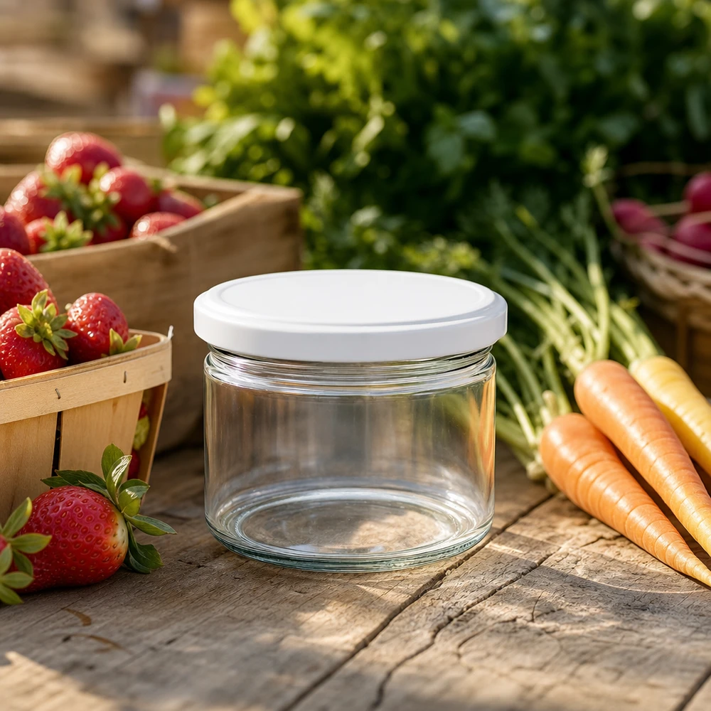540 ml BasicSeal witte ronde pot op een houten tafel met verse groenten - ideale voorraadpot voor op de markt en buiten