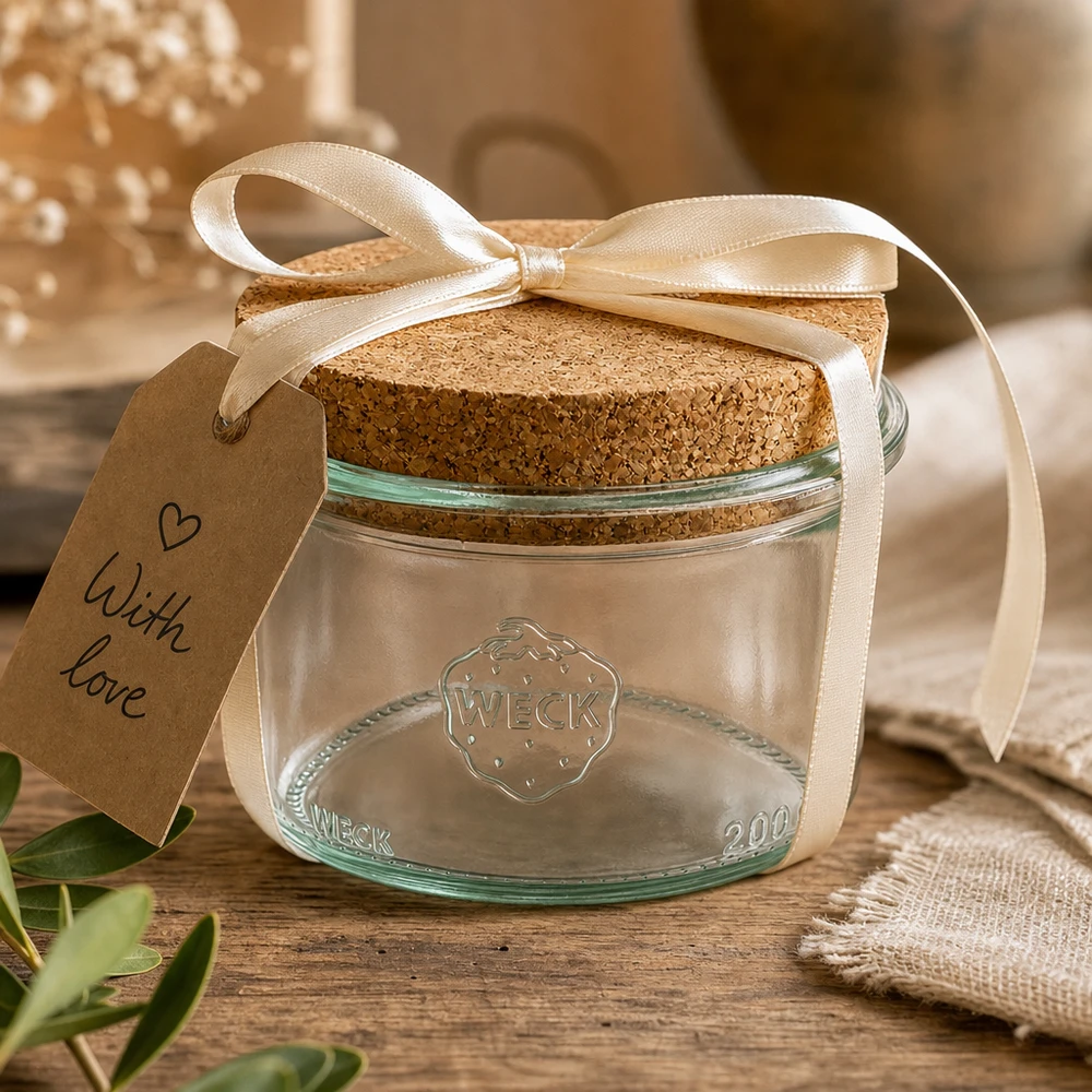 200ml stortglas WECK RR80 met kurk WECK bekers 200ml RR80 decoratief verpakt met lint en cadeaulabel Met liefde als cadeautip