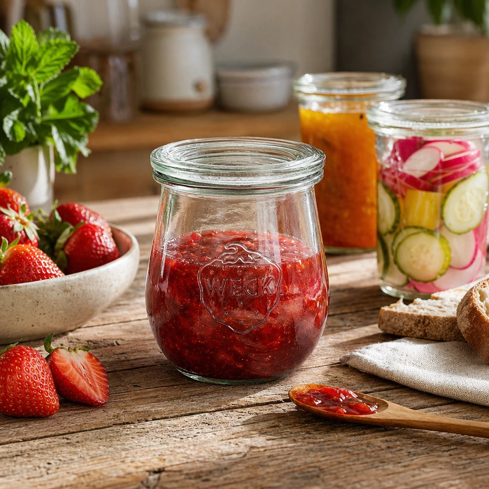 WECK tulpenpot 220ml RR60 met aardbeienjam in een rustieke keuken met andere inmaakpotten en verse ingrediënten