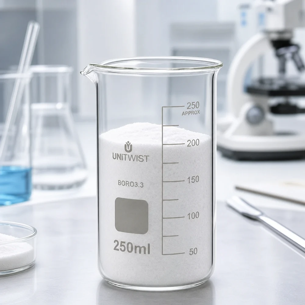 Doorzichtig laboratoriumglas van 250 ml, hoog model UNITWIST, met schenktuit en een schaalverdeling tot 250 ml