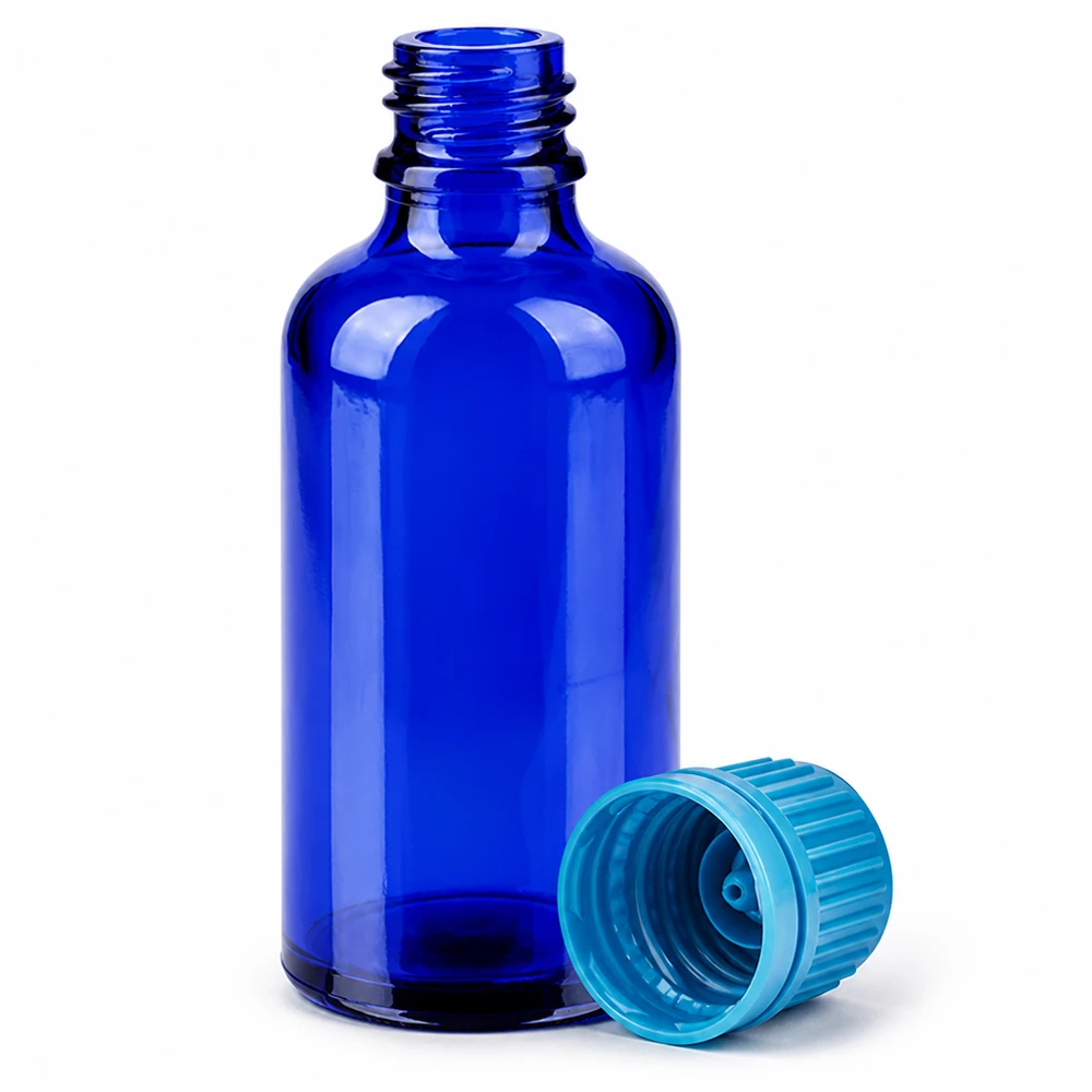 Hoogwaardige blauwe glazen fles 50ml met dichte dop voor laboratorium en apotheek