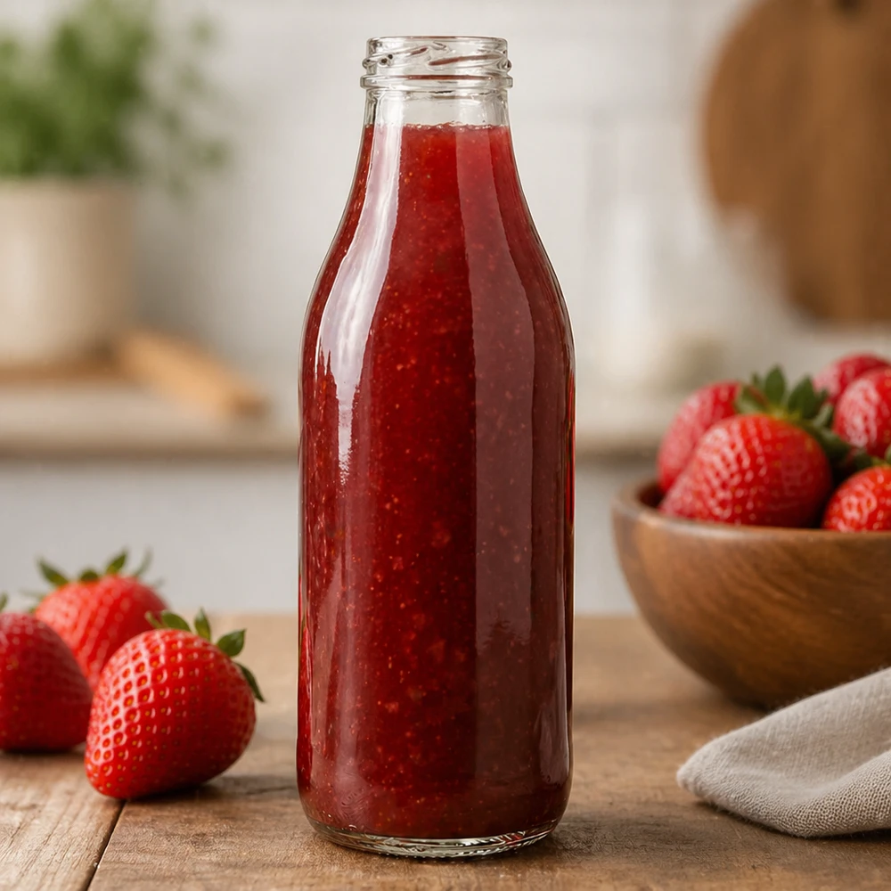 1000ml fles zonder deksel (TO48) UNiTWIST 1000ml glazen fles TO48 UNiTWIST gevuld met aardbeiensap in keuken Toepassing voorbeeld rode smoothiefles
